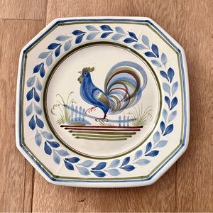 1970s Henriot Quimper France Blue Rooster Octagonal Salad‎ Dinner Plate 9” Vtg